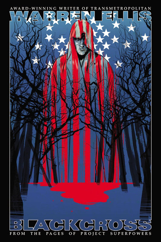 Book cover of 'Blackcross' by Warren Ellis with a figure in a red and blue cape against an American flag background.