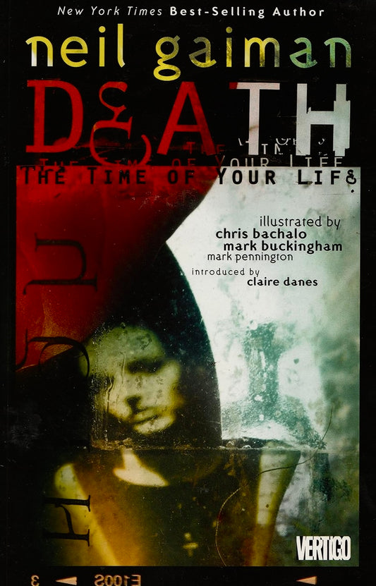 Book cover of 'Death: The Time of Your Life' by Neil Gaiman with a stylized illustration of a face and text.