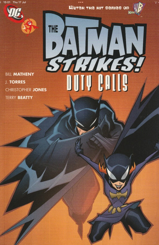 Comic book cover featuring Batman and Batgirl with 'The Batman Strikes! Duty Calls' text on an orange background.