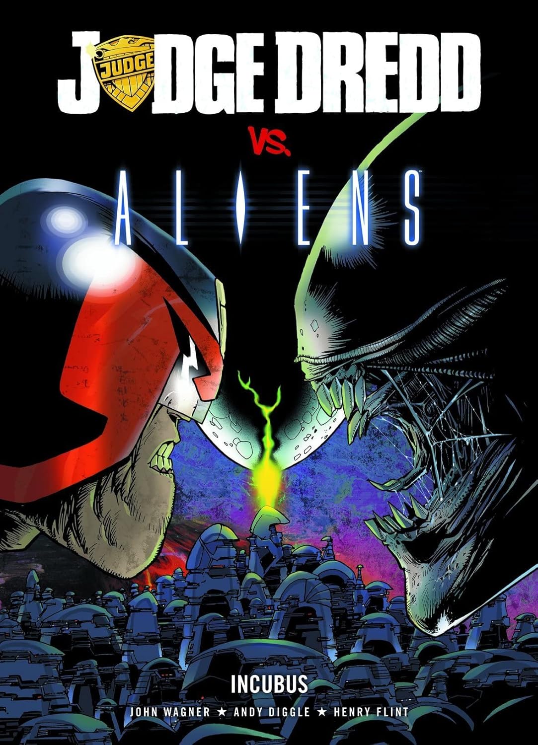Comic book cover for Judge Dredd vs. Aliens, Incubus, featuring Judge Dredd in his red and black helmet facing off against an Alien Xenomorph, with a crowd of soldiers below on a dark background.