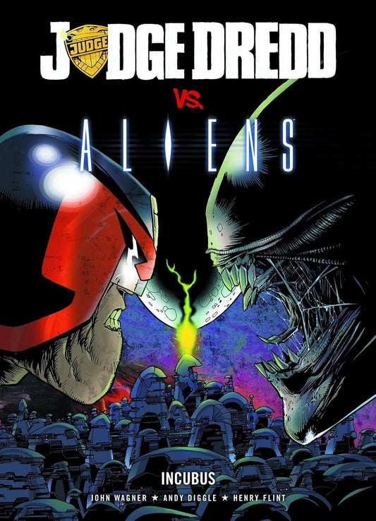 Comic book cover for Judge Dredd vs. Aliens, Incubus, featuring Judge Dredd in his red and black helmet facing off against an Alien Xenomorph, with a crowd of soldiers below on a dark background.